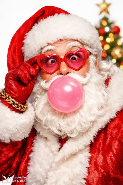 Весёлый Санта Клаус с пузырём розовой жвачки и сердечками на глазах. Нейронная сеть Sora images Ai