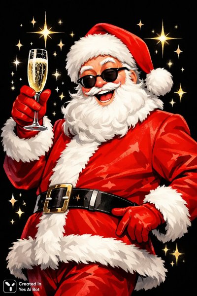Весёлый Санта с шампанским на чёрном фоне. Нейросеть Sora Ai Images
