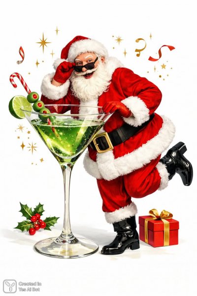 Весёлый Санта Клаус с мартини в праздничной атмосфере. Изображение из нейронной сети Sora images Ai