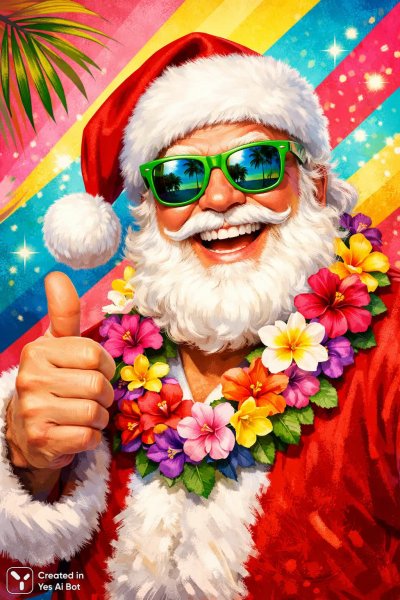 Веселый Санта в гавайском стиле с большим позитивом и яркими красками. Изображение из нейросети Sora