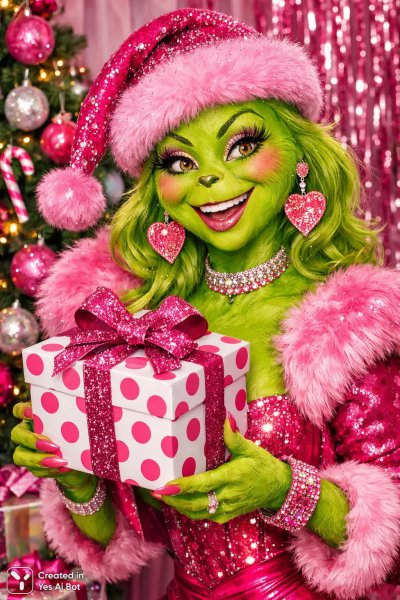 Гринч с блеском и подарком: праздничное настроение в мультяшном стиле. Генерация из нейросети Sora images Ai