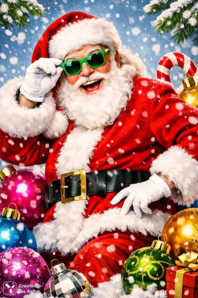 Весёлый Санта Клаус в очках и ярких украшениях на фоне зимы. Нейросеть Sora Ai Images