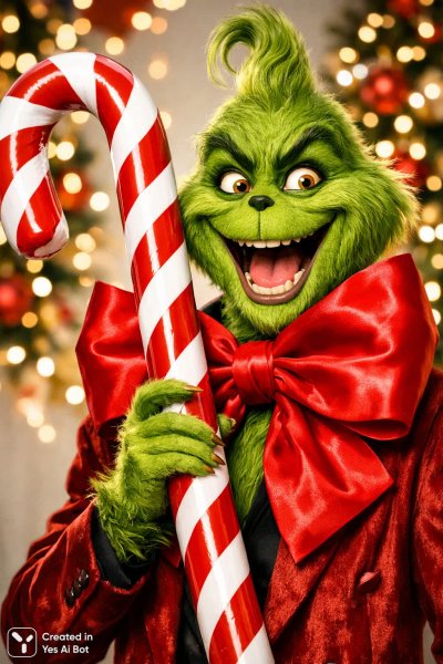 Гринч с огромным красным галстуком и леденцом в праздничном стиле. Нейросеть Sora