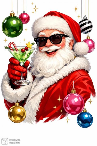 Веселый Санта Клаус с мартини и праздничным настроением в ярких декорациях. Нейросеть Sora Image