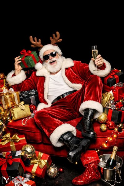 Веселый Санта Клаус среди подарков и украшений в рождественской атмосфере. Изображение из нейронной сети Sora Ai Images