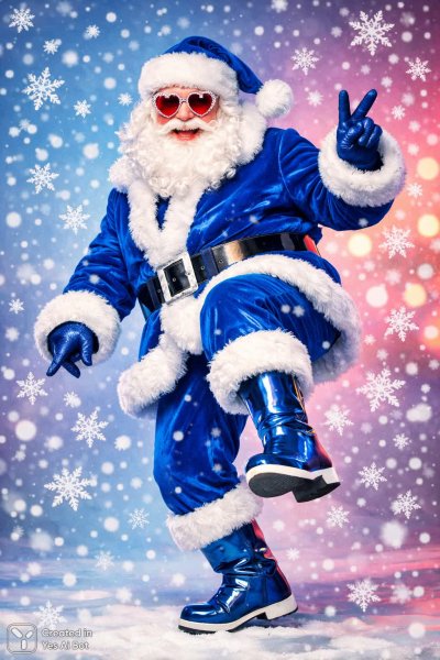 Весёлый Санта: танцы, снежинки и праздничное настроение в мультяшном стиле. Картинка из нейросети Sora images Ai