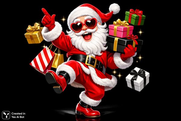 Весёлый Санта с подарками: праздничная иллюстрация в стиле мультфильма. Изображение из нейросети Sora Ai Images