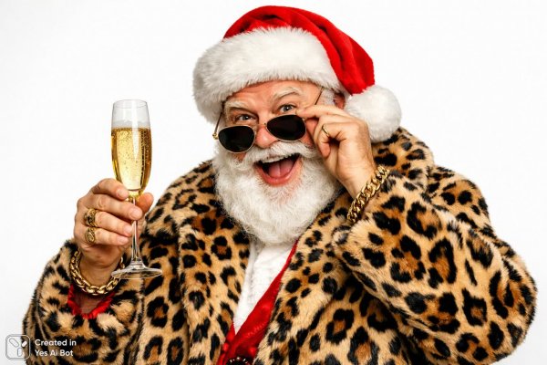 Весёлый Санта: Леопардовый стиль и игристое настроение. Картинка из нейронной сети Sora Ai Images