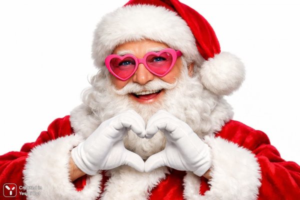 Веселый Санта с голубыми глазами и сердечком. Изображение из нейросети Sora images Ai