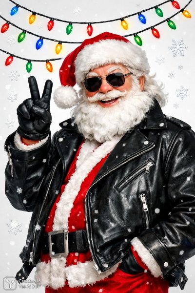 Бунтарский Санта с новогодним настроением и знаком мира на фоне снежинок и гирлянд. Нейронная сеть Sora Images