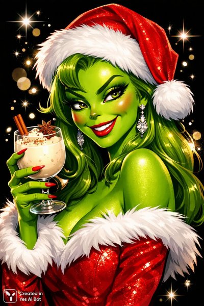 Зеленая Гринч: Новогоднее настроение и игривый взгляд красоты. Изображение из нейросети Sora