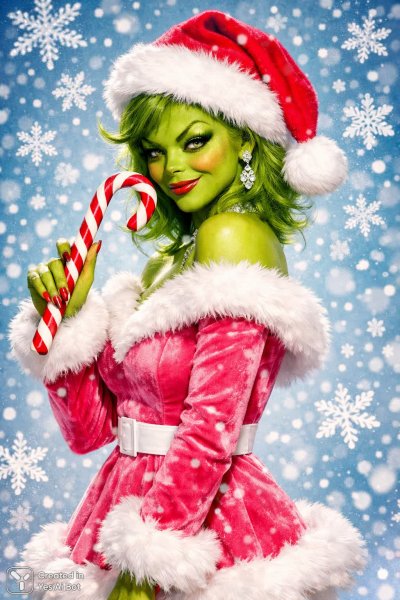 Зимняя сказка Гринча в розовом платье и снежинки вокруг. Генерация из нейронной сети Sora Image