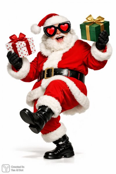 Весёлый Санта с подарками и огромными очками в мультяшном стиле. Картинка из нейросети Sora Ai Images