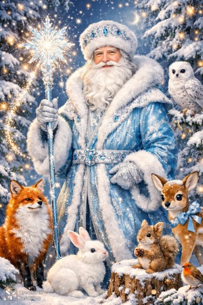 Волшебный дед мороз в зимнем лесу: сказка и радость праздника. Изображение из нейросети Sora Images