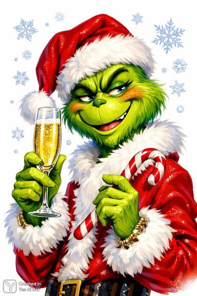 Гринч в колпаке Санты: зимнее безумие и праздничное настроение. Генерация из нейронной сети Sora Image