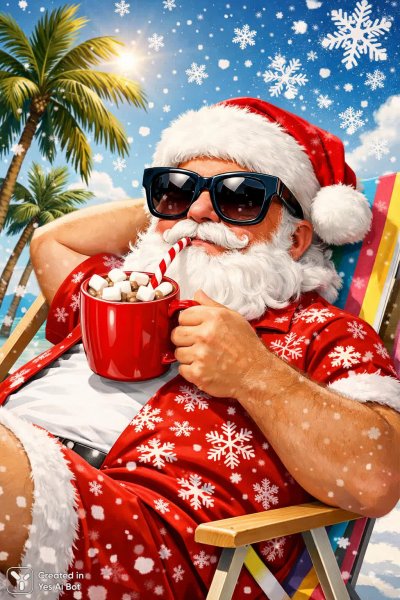 Рождественский пляж Санта Клауса с пальмами и снежинками. Генерация из нейронной сети Sora