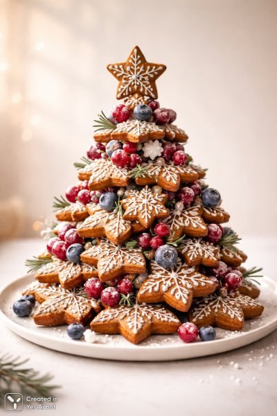 Имбирный шедевр: рождественская елка из печенья и ягод. Генерация из нейросети Sora