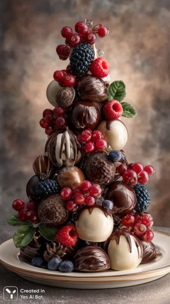 Рождественское дерево из шоколада: праздничный десерт в стиле фотореализма. Изображение из нейронной сети Midjourney