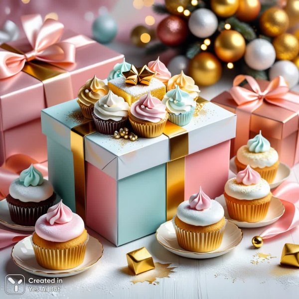 Праздничный десерт в пастельных тонах с новогодним настроением и золотыми акцентами. Нейронная сеть Stable Diffusion