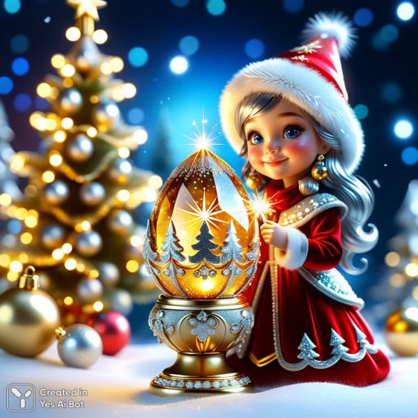Зимняя сказка: Новогодние игрушки в стиле Фаберже и волшебный гном с бенгальским огнем. Изображение из нейронной сети Stable Diffusion
