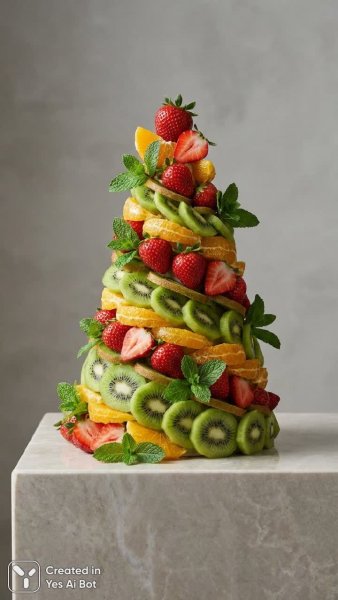 Фруктовая башня: яркий и сочный шедевр из киви, клубники и апельсинов. Изображение из нейронной сети Nano-Banana