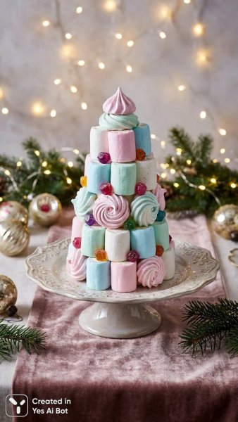 Изысканная новогодняя сказка из маршмеллоу и меренги: праздничный шедевр в деталях. Изображение из нейронной сети Nano-Banana