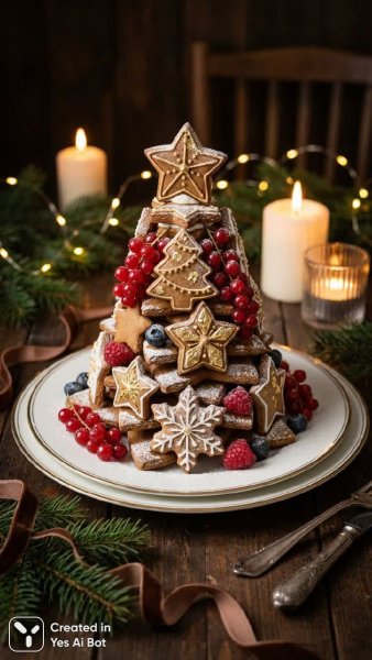 Изысканная фотография рождественского имбирного дерева из печенья и ягод. Картинка из нейросети Nano Banana