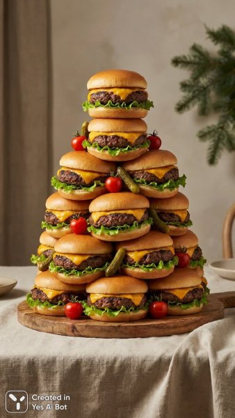 Рождественская елка из бургеров: праздничный кулинарный шедевр в фотореалистичном стиле. Картинка из нейронной сети Nano-Banana