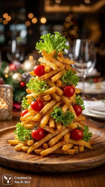 Фритковая елка: рождественский шедевр из картофеля и овощей. Генерация из нейронной сети Nano Banana