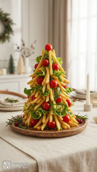 Необычная новогодняя елка из овощей и картофеля: кулинарный шедевр для праздника. Картинка из нейронной сети Нано Банана