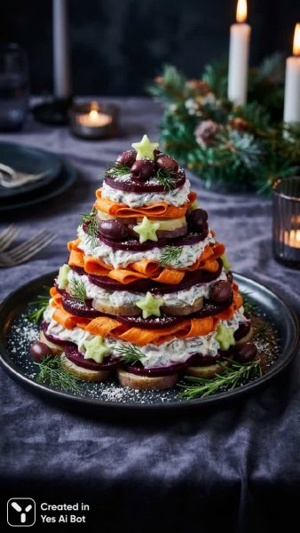 Праздничный салат-елка: фотореалистичное новогоднее угощение. Нейросеть NanoBanana