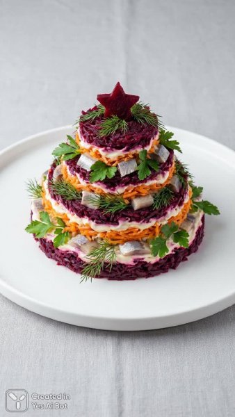 Салат-елка: праздничный шедевр из овощей и рыбы с оригинальной заправкой. Изображение из нейронной сети Nano Banana