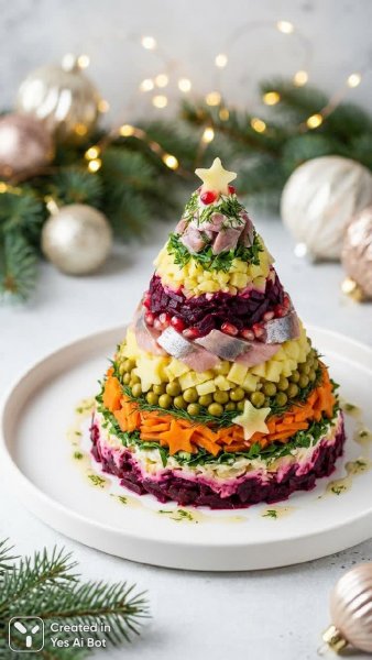 Рождественский салат: фотореалистичный шедевр праздничного застолья и кулинарного искусства. Генерация из нейронной сети Nano-Banana