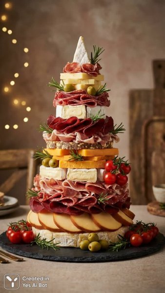 Сырная елка: гастрономическое искусство и праздничный декор. Картинка из нейронной сети NanoBanana