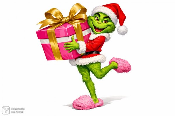 Весёлый Гринч в шапке Санты и пушистых тапочках с огромным подарком. Нейронная сеть Sora images Ai