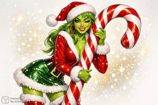 Весёлая Гринч в праздничном настроении с леденцом на светлом фоне. Изображение из нейросети Sora