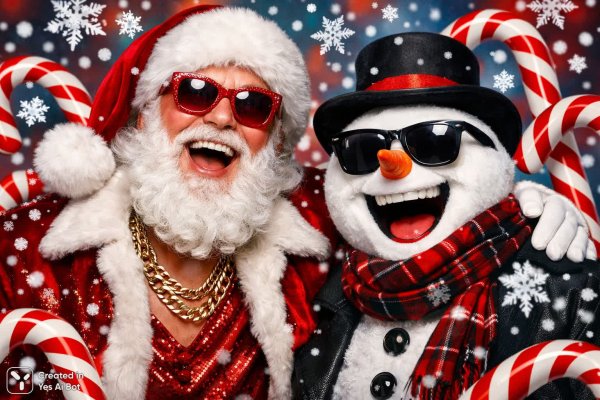 Веселый Дед Мороз и снеговик в солнечных очках среди сладостей и снежинок. Картинка из нейронной сети Sora Images