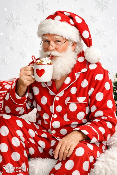 Веселый Санта в пижаме с горошком и горячим шоколадом. Нейросеть Sora