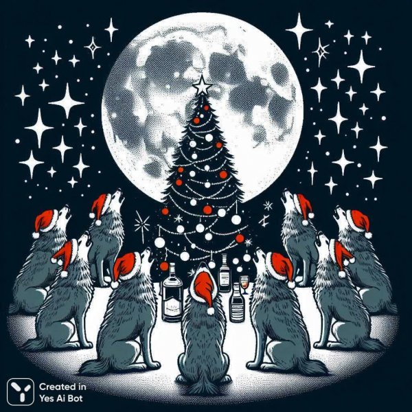 Рождественская ночь: волки под луной с шампанским и виски. Картинка из нейросети Dalle 3