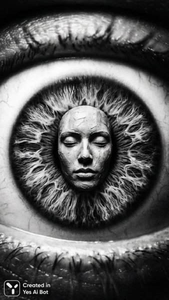 Разрушенное лицо в глубине гигантского глаза: сюрреалистичный минимализм и высокая детализация. Картинка из нейросети Nano Banana