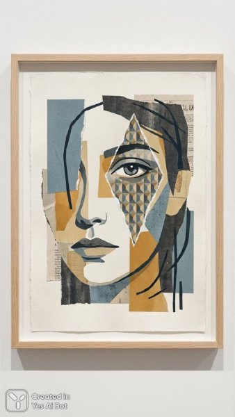 Женское лицо в сюрреалистичной коллаже: минимализм и выразительный взгляд сквозь призму геометрии. Генерация из нейронной сети Нано Банана