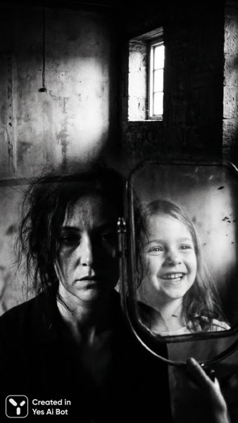 Отражение прошлого: женщина и девочка в драматичном портрете. Картинка из нейронной сети NanoBanana