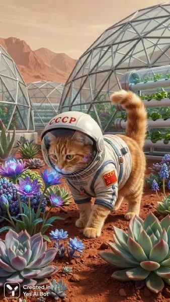 Красный кот-космонавт на Марсе: советская фотореалистичная фантазия. Генерация из нейросети Nano Banana