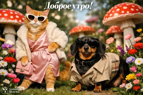 Утро в сказочном парке: кот и такса среди цветов и грибов. Изображение из нейронной сети Sora Image