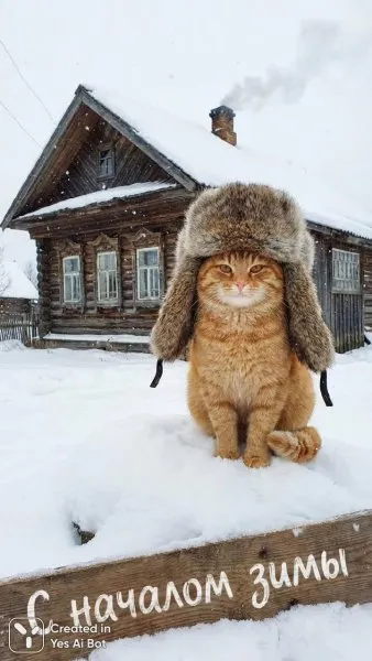 Зимняя сказка о рыжем коте в ушанке и избе. Изображение из нейросети Нано Банана