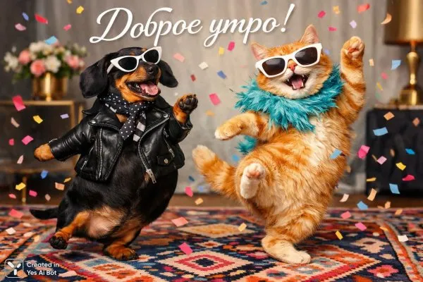 Утро радости: танцующие питомец и кот в вихре веселья. Картинка из нейронной сети Sora images Ai