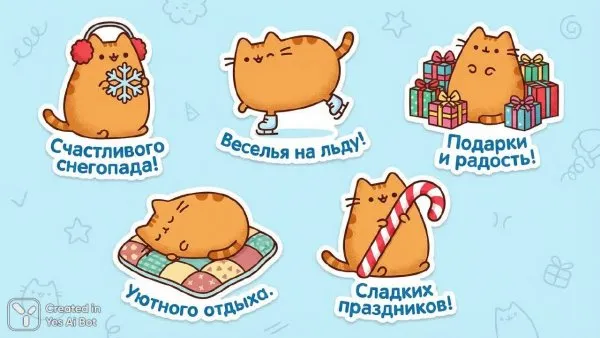 Пять очаровательных зимних котиков Пушин: новогоднее настроение. Нейросеть Nano-Banana