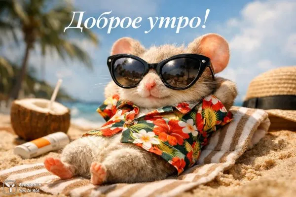 Мышонок на пляже встречает солнечное утро в Гавайи. Нейросеть Sora Images