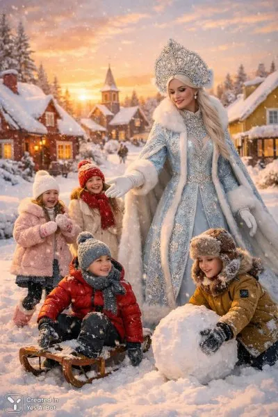 Заснеженная деревня в волшебном зимнем свете заката. Нейросеть Sora