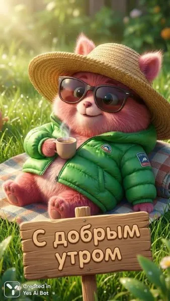 Утро с розовым созданием под соломенной шляпой. Изображение из нейросети Нано Банана